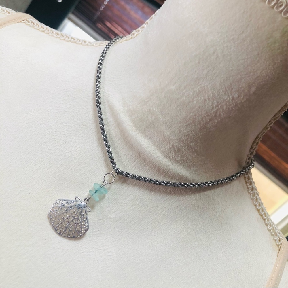 Filigree shell stone drop pendant on chain necklace
